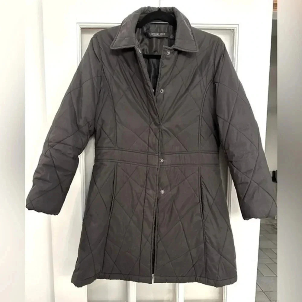 Vintage London Fog Manhattan Black Quilted Button Down Jacket Size Small Petite